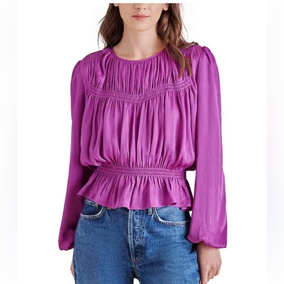 NWT Steve Madden (REVOLVE) Pyper‎ Washed Satin Crew Neck Ruffle Hem Magenta - Picture 1 of 8